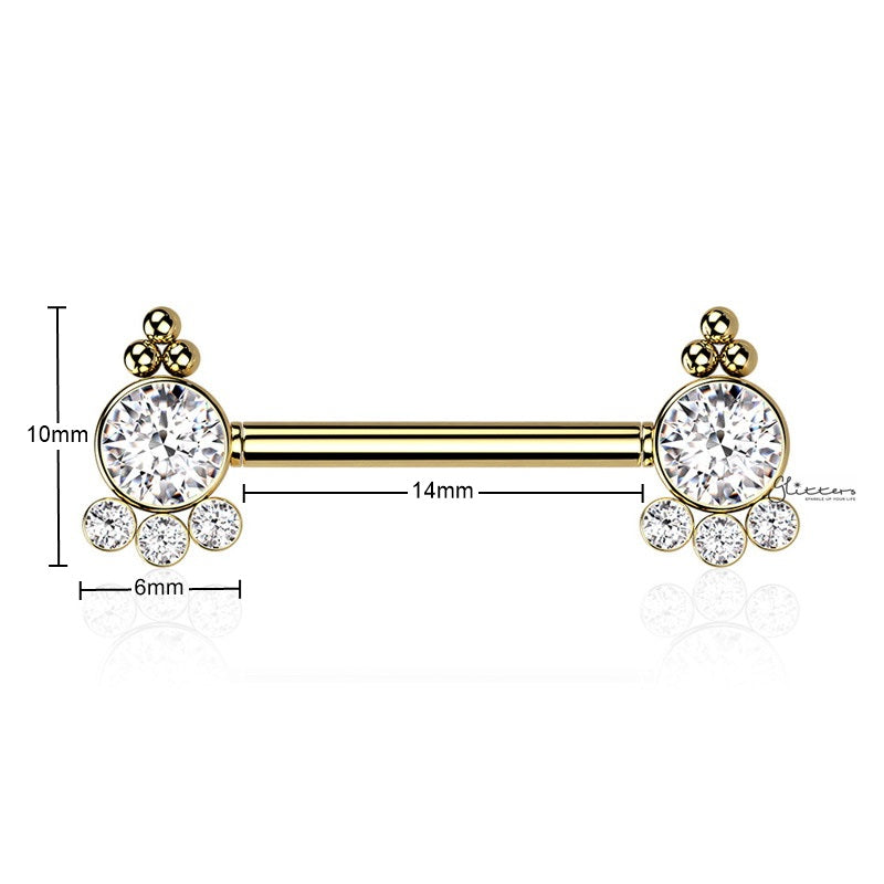 4 CZ and Ball Clusters Push in Nipple Barbell - Gold-Body Piercing Jewellery, Cubic Zirconia, Nipple Barbell-NB0033-G1_New-Glitters