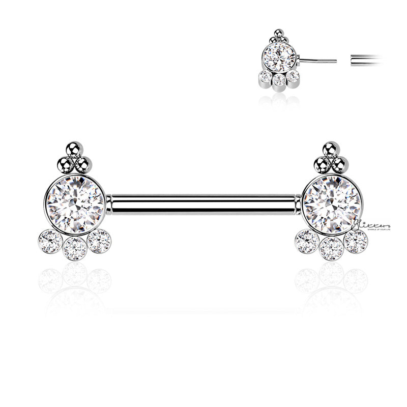4 CZ and Ball Clusters Push in Nipple Barbell - Silver-Body Piercing Jewellery, Cubic Zirconia, Nipple Barbell-NB0033-S-Glitters