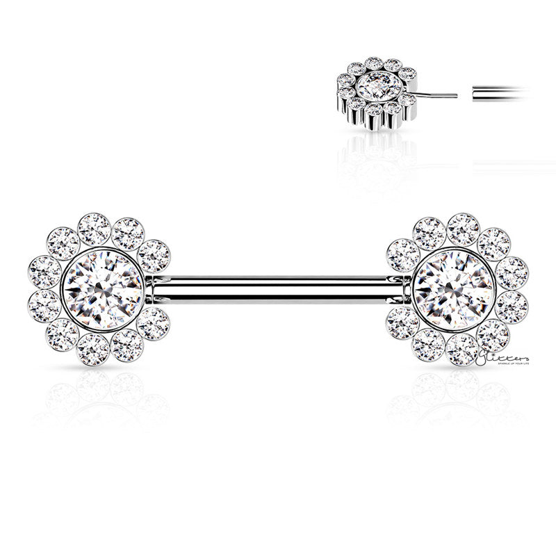 CZ Flower Push in Nipple Barbell - Silver-Body Piercing Jewellery, Cubic Zirconia, Nipple Barbell-NB0034-C-Glitters