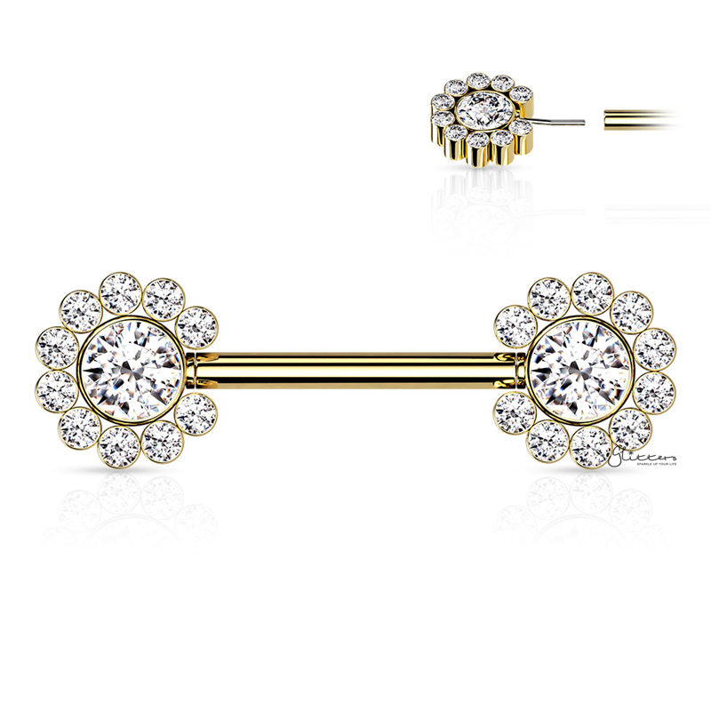 CZ Flower Push in Nipple Barbell - Gold-Body Piercing Jewellery, Cubic Zirconia, Nipple Barbell-NB0034-G-Glitters