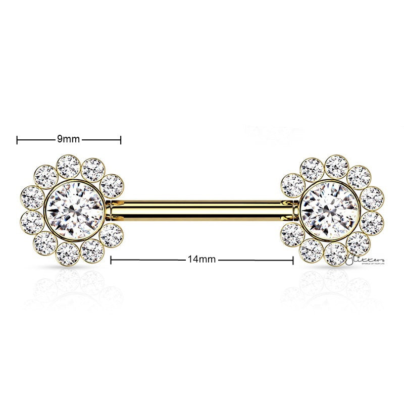 CZ Flower Push in Nipple Barbell - Gold-Body Piercing Jewellery, Cubic Zirconia, Nipple Barbell-NB0034-G1_New-Glitters