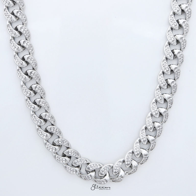 15mm Iced Out Miami Cuban Chain - Silver-Chain Necklaces, Hip Hop, Hip Hop Chains, Iced Out, Jewellery, Men's Chain, Men's Jewellery, Men's Necklace, Necklaces, Women's Jewellery-NK1041-S1_800-Glitters