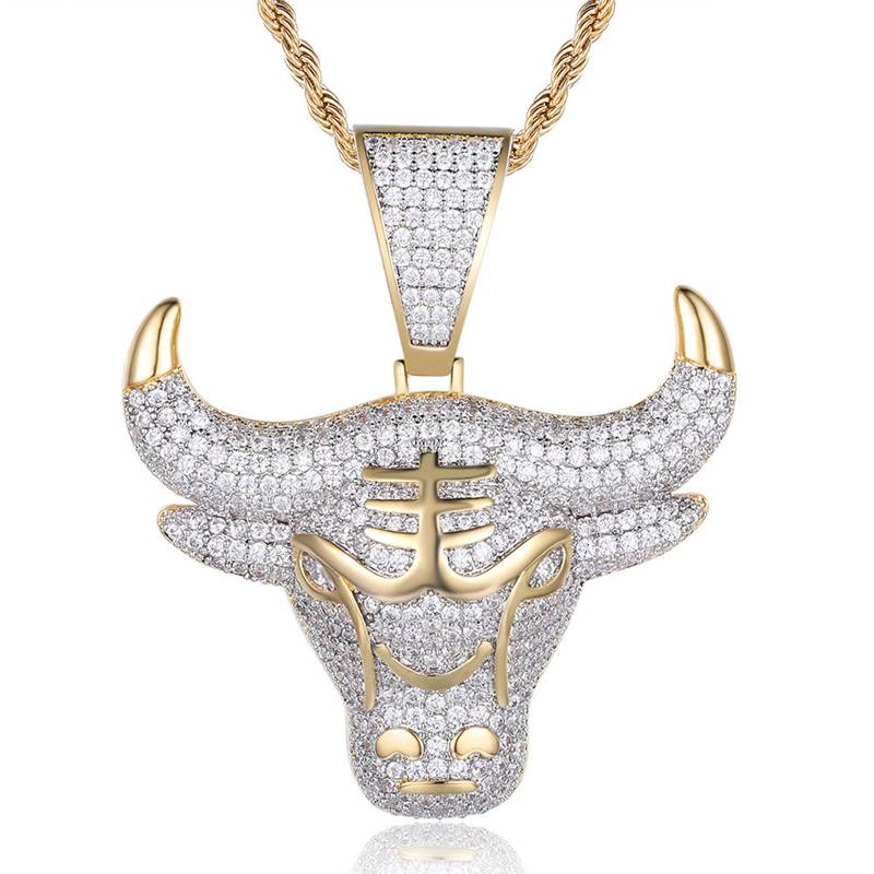 Bull Head Pendant - Gold-Hip Hop, Hip Hop Pendant, Iced Out, Men's Necklace, Necklaces, Pendants-NK1050-G1-800-Glitters