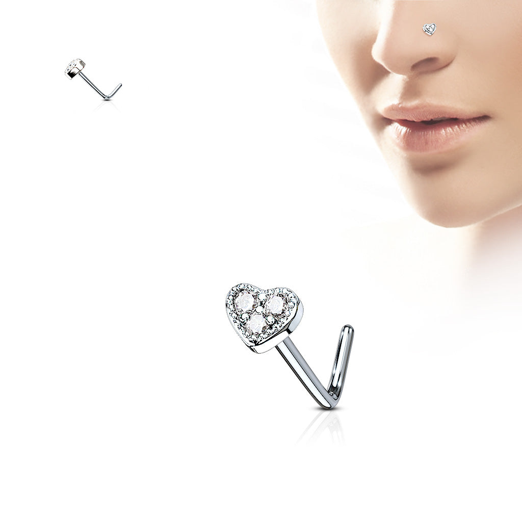 20 Gauge 3 CZ Paved Heart Surgical Steel L Bend Nose Stud-Body Piercing Jewellery, L Bend, Nose Piercing Jewellery, Nose Studs-NS0065-S-Glitters