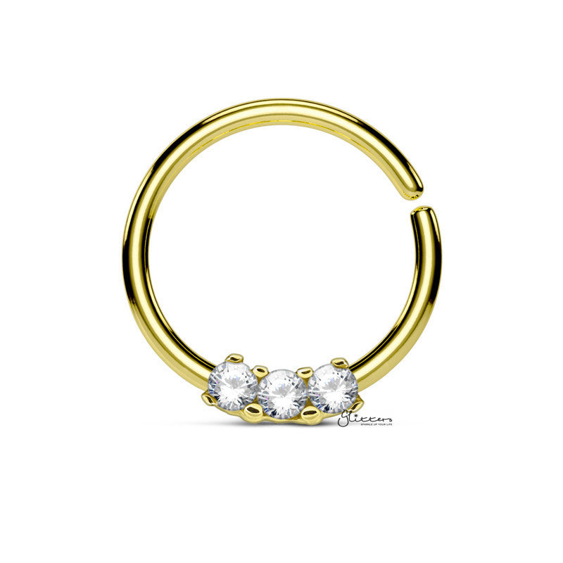 Surgical Steel Bendable Hoop Ring with 3 CZ Prong Set - Gold-Body Piercing Jewellery, Cartilage, Cubic Zirconia, Nose, Septum Ring-NS0083-G_800-Glitters