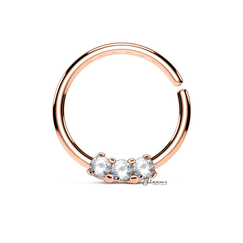 Surgical Steel Bendable Hoop Ring with 3 CZ Prong Set - Rose Gold-Body Piercing Jewellery, Cartilage, Cubic Zirconia, Nose, Septum Ring-NS0083-RG_800-Glitters