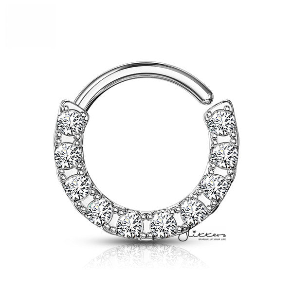 .925 Sterling Silver Bendable Hoop Ring With 10 Lined CZ - Silver | Gold-Body Piercing Jewellery, Cartilage, Cubic Zirconia, Septum Ring-NS0085_S-Glitters
