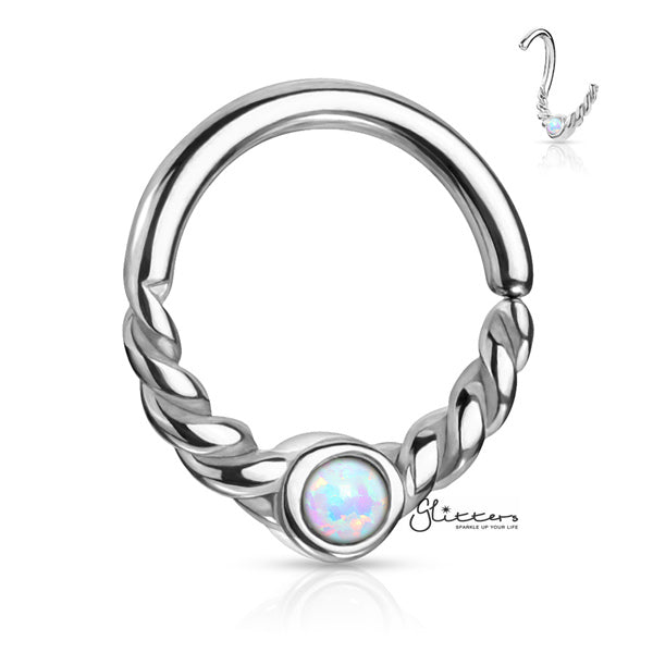 Opal Centered Braided Half Circle Bendable Segment Rings - Silver | Gold | Rose Gold-Body Piercing Jewellery, Cartilage, Cubic Zirconia, Nose, Septum Ring-NS0089_S-Glitters