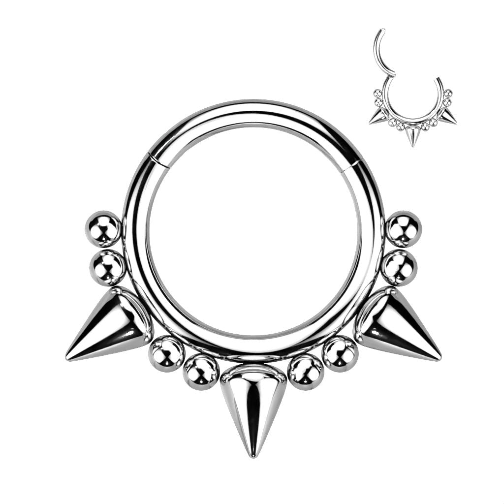 3 Spikes and Balls Hinged Segment Septum Ring-Body Piercing Jewellery, Cartilage, Cubic Zirconia, Daith, Septum Ring-NS0135-S-Glitters