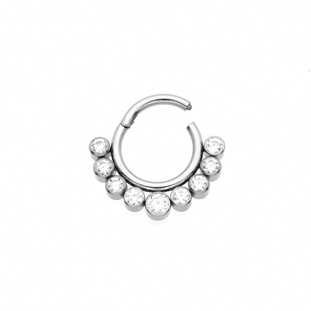 Titanium Hinged Segment Hoop Ring with Front Facing 9 CZ-Body Piercing Jewellery, Cartilage, Cubic Zirconia, Daith, G23 Titanium, Septum Ring-NS0136-2_1-Glitters