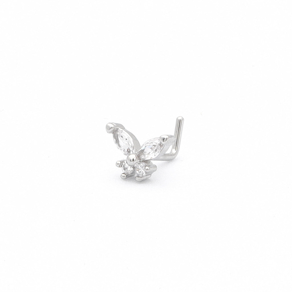 C.Z Butterfly L Bend Nose Stud - Silver-Body Piercing Jewellery, Cubic Zirconia, L Bend, New, Nose Piercing Jewellery, nose pin, Nose Studs-NS0138-S1_1-Glitters