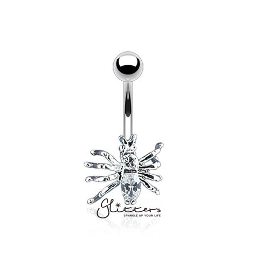 316L Surgical Steel Cubic Zirconia Spider Belly Button Ring-Clear-Belly Ring, Body Piercing Jewellery, Cubic Zirconia-NSA333-C-1-Glitters
