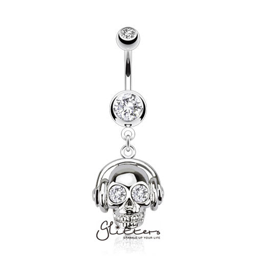 316L Surgical Steel Headset Skull with Cubic Zirconia Eyes Dangle Belly Ring-Clear-Belly Ring, Body Piercing Jewellery, Cubic Zirconia-NSB1014-C-1-Glitters