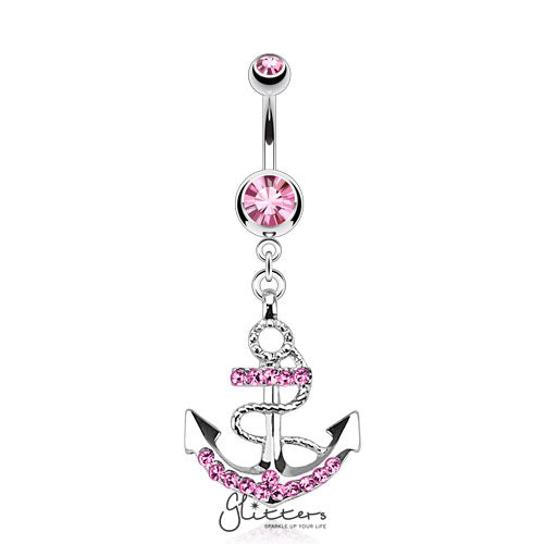 316L Surgical Steel Gemmed Anchor Dangle Navel Ring-Pink-Belly Ring, Body Piercing Jewellery, Cubic Zirconia-NSE-001-P-1-Glitters