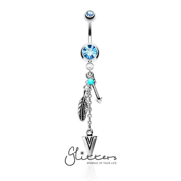 Turquoise and Triabal Feather and Arrows Dangle Double Gem Surgical Steel Belly Ring-Belly Ring, Body Piercing Jewellery, Cubic Zirconia-NSQ-5021-Q4-Glitters