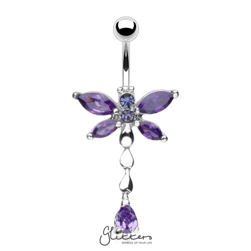 316L Surgical Steel Cubic Zirconia Dragonfly Dangle Belly Ring-Tanzanite-Belly Ring, Body Piercing Jewellery, Cubic Zirconia-NSR6583-TZ-6-Glitters