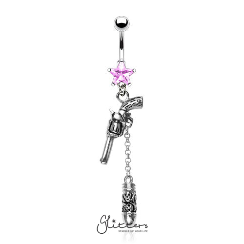 Surgical Steel Cubic Zirconia Star with Gun & Bullet Dangle Belly Ring-Pink-Belly Ring, Body Piercing Jewellery, Cubic Zirconia-NSR8623-P-2-Glitters