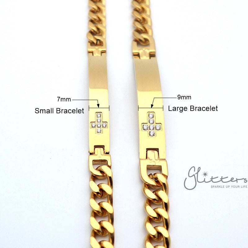 18K Gold Plated Stainless Steel Men's ID Bracelet with Cubic Zirconia Cross+Engraving-Engraved Bracelet, Engraving, Personalized-SB0035_3__New_aa58eb6c-1765-4148-a104-c69ad78ba4a9-Glitters