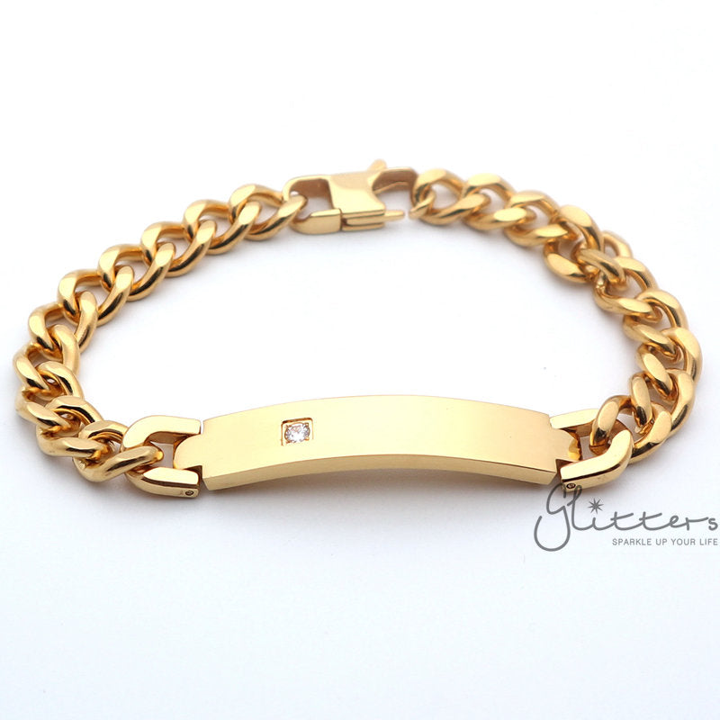 18K Gold Plated Stainless Steel Men's ID Bracelet with A Cubic Zirconia Stone + Engraving-Engraved Bracelet, Engraving, Personalized-SB0049_2_25e26ac1-b31d-49c0-b152-783771f3547e-Glitters