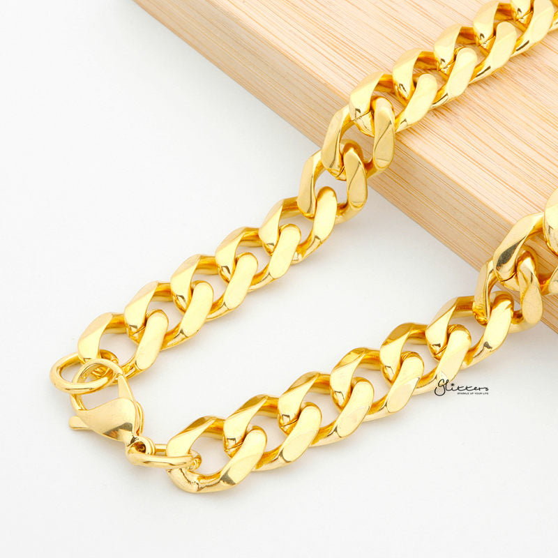 Gold I.P Stainless Steel Beveled Cuban Chain Necklace - 13mm width-Chain Necklaces, Jewellery, Men's Chain, Men's Jewellery, Men's Necklace, Necklaces, Stainless Steel, Stainless Steel Chain-SC0093_2-Glitters