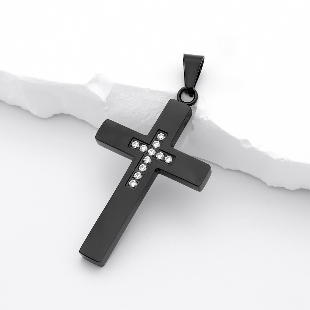 Cross Pendant with C.Z Inlaid in the Middle - Black-Cubic Zirconia, Jewellery, Men's Jewellery, Men's Necklace, Necklaces, New, Pendants, Stainless Steel, Stainless Steel Pendant-SP0317-K1_1-Glitters