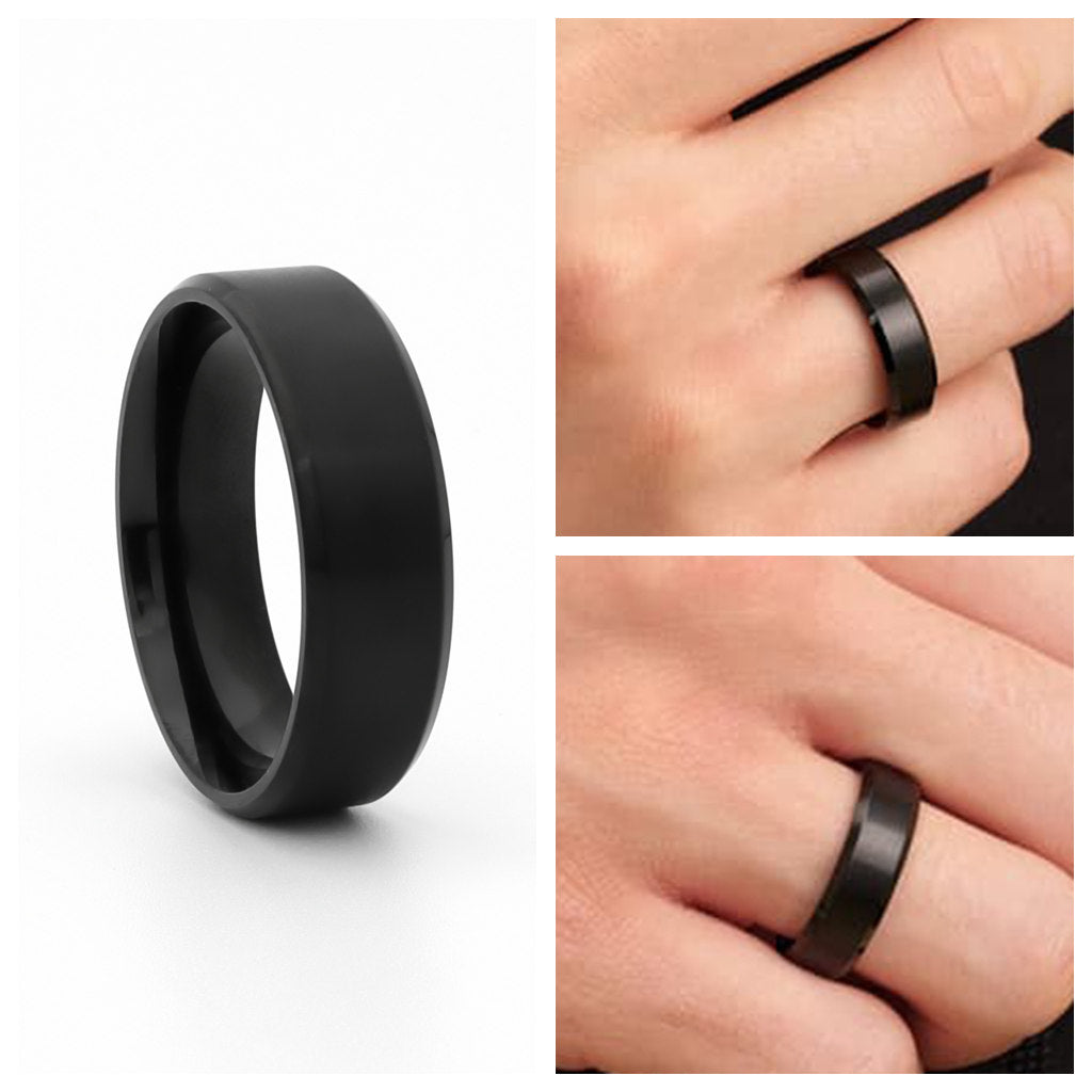 Black Titanium Ion-Plated Stainless Steel 8mm Wide Beveled Edge Band Rings-Best Sellers, Jewellery, Men's Jewellery, Men's Rings, Rings, Stainless Steel, Stainless Steel Rings-SR0265-4-Glitters