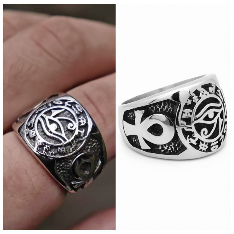 Egyptian Eye Stainless Steel Ring with Ankh Symbols-Jewellery, Men's Jewellery, Men's Rings, Rings, Stainless Steel, Stainless Steel Rings-SR0302-4-Glitters