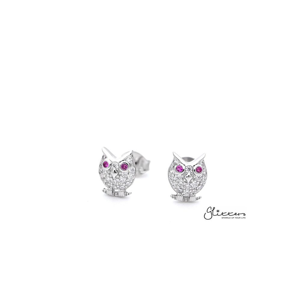 Sterling Silver C.Z Paved Owl Women's Stud Earrings-Cubic Zirconia, earrings, Jewellery, Stud Earrings, Women's Earrings, Women's Jewellery-SSE0275_1000-01-Glitters