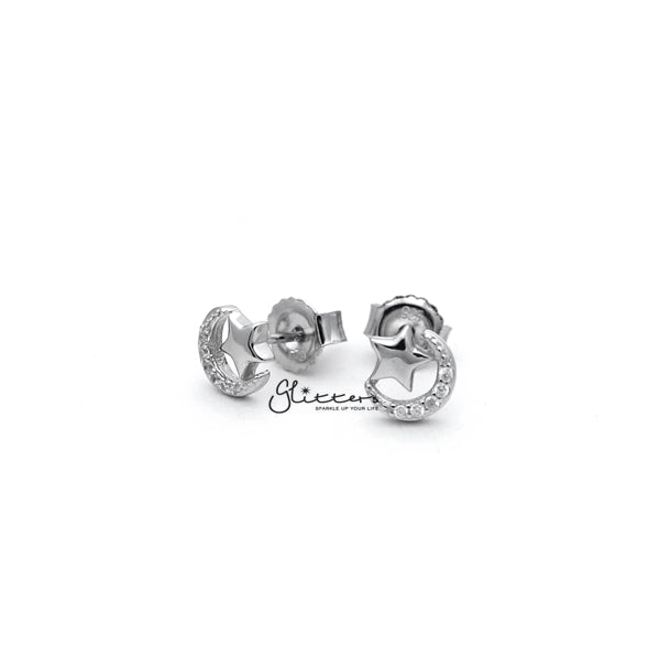 Sterling Silver C.Z Paved Moon with Star Women's Stud Earrings-Cubic Zirconia, earrings, Jewellery, Stud Earrings, Women's Earrings, Women's Jewellery-SSE0279_01-Glitters