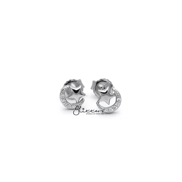 Sterling Silver C.Z Paved Moon with Star Women's Stud Earrings-Cubic Zirconia, earrings, Jewellery, Stud Earrings, Women's Earrings, Women's Jewellery-SSE0279_02-Glitters