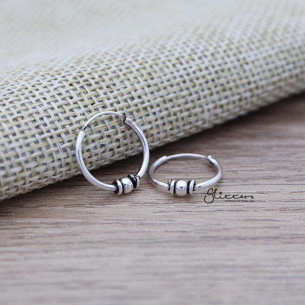 Sterling Silver Bali Hoop Sleeper Earrings - 14mm - SSE0305-earrings, Hoop Earrings, Jewellery, Women's Earrings, Women's Jewellery-SSE0305_01-Glitters