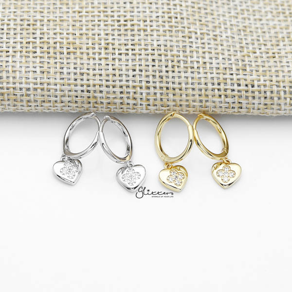 925 Sterling Silver Dangle C.Z Heart One-Touch Huggie Hoop Earrings-Cubic Zirconia, earrings, Hoop Earrings, Jewellery, Women's Earrings, Women's Jewellery-SSE0376-A_600-Glitters