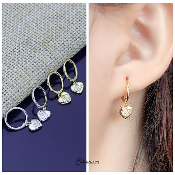 925 Sterling Silver Dangle C.Z Heart One-Touch Huggie Hoop Earrings-Cubic Zirconia, earrings, Hoop Earrings, Jewellery, Women's Earrings, Women's Jewellery-SSE0376-m-Glitters
