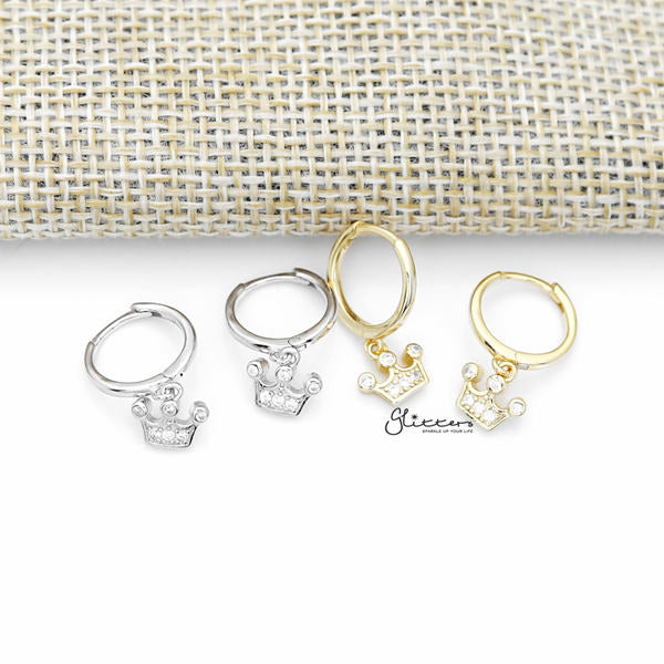 925 Sterling Silver Dangle C.Z Crown One-Touch Huggie Hoop Earrings-Cubic Zirconia, earrings, Hoop Earrings, Jewellery, Women's Earrings, Women's Jewellery-SSE0379A_600-Glitters