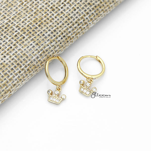 925 Sterling Silver Dangle C.Z Crown One-Touch Huggie Hoop Earrings-Cubic Zirconia, earrings, Hoop Earrings, Jewellery, Women's Earrings, Women's Jewellery-SSE0379G_600-Glitters