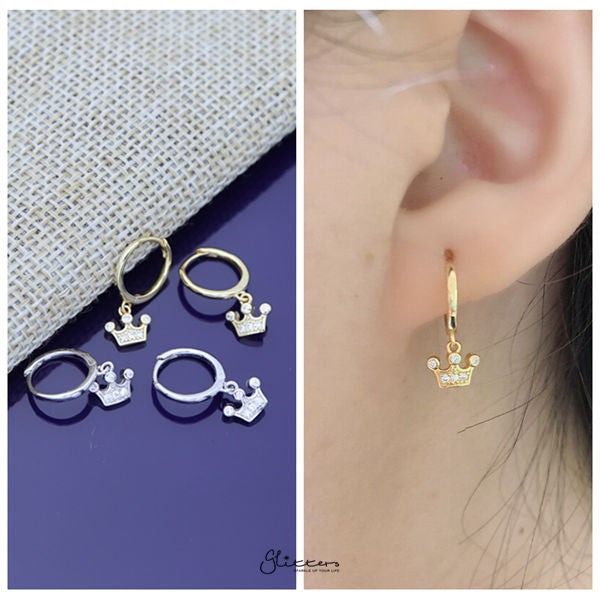 925 Sterling Silver Dangle C.Z Crown One-Touch Huggie Hoop Earrings-Cubic Zirconia, earrings, Hoop Earrings, Jewellery, Women's Earrings, Women's Jewellery-SSE0379M-Glitters