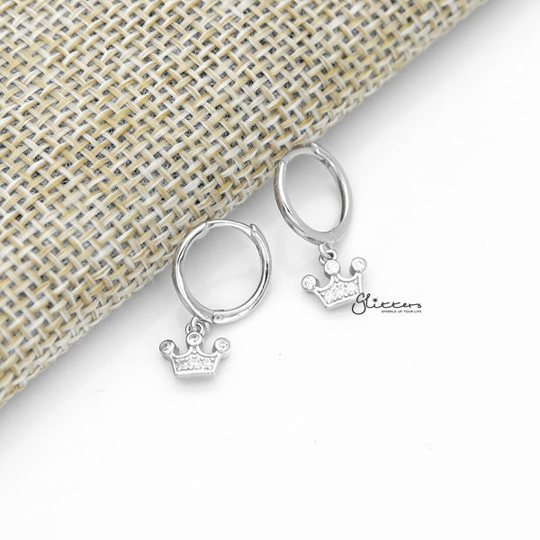 925 Sterling Silver Dangle C.Z Crown One-Touch Huggie Hoop Earrings-Cubic Zirconia, earrings, Hoop Earrings, Jewellery, Women's Earrings, Women's Jewellery-SSE0379S_600-Glitters