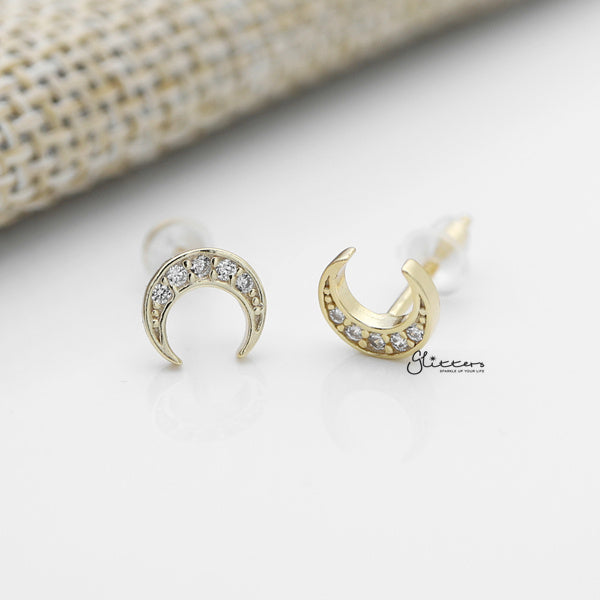 Solid 925 Sterling Silver CZ Crescent Moon Stud Earrings-Cubic Zirconia, earrings, Jewellery, Stud Earrings, Women's Earrings, Women's Jewellery-SSE0386-G_600-Glitters