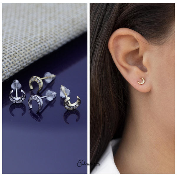 Solid 925 Sterling Silver CZ Crescent Moon Stud Earrings-Cubic Zirconia, earrings, Jewellery, Stud Earrings, Women's Earrings, Women's Jewellery-SSE0386-M-Glitters
