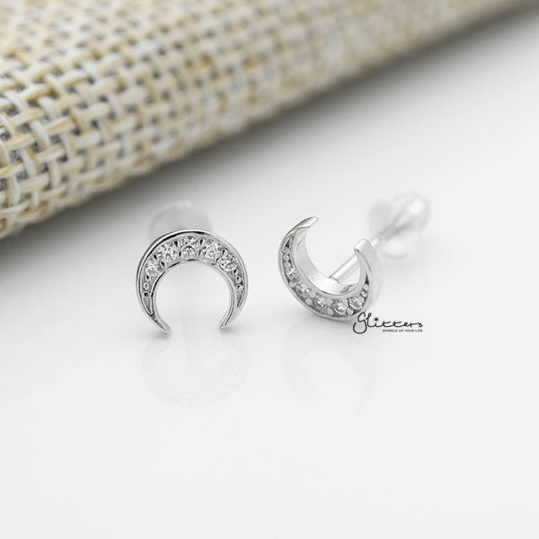 Solid 925 Sterling Silver CZ Crescent Moon Stud Earrings-Cubic Zirconia, earrings, Jewellery, Stud Earrings, Women's Earrings, Women's Jewellery-SSE0386-S_600-Glitters