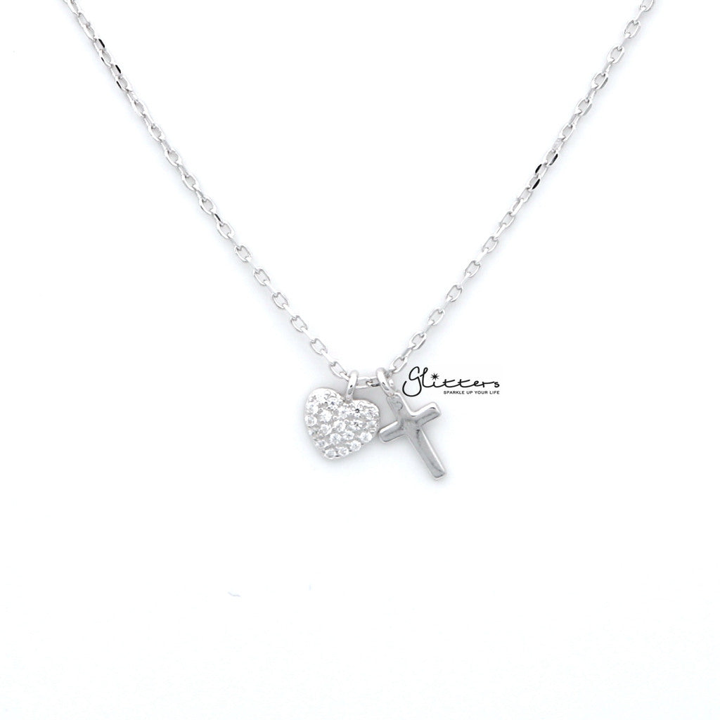 Sterling Silver CZ Paved Heart with Plain Cross Women's Necklace-Cubic Zirconia, Jewellery, Necklaces, Sterling Silver Necklaces, Women's Jewellery, Women's Necklace-SSP0124_1000-01-Glitters
