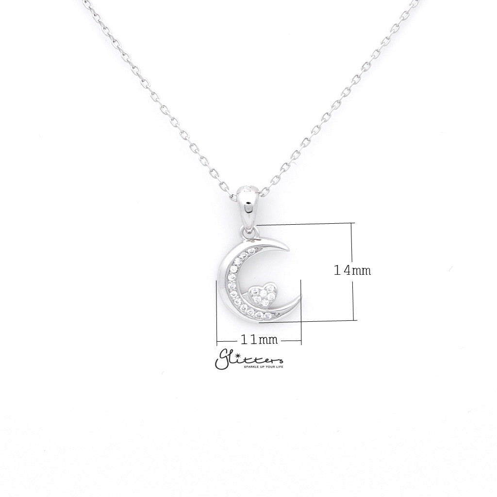 Sterling Silver CZ Paved Moon with CZ Heart in the Middle Women's Necklace-Cubic Zirconia, Jewellery, Necklaces, Sterling Silver Necklaces, Women's Jewellery, Women's Necklace-SSP0127_1000-02_New-Glitters