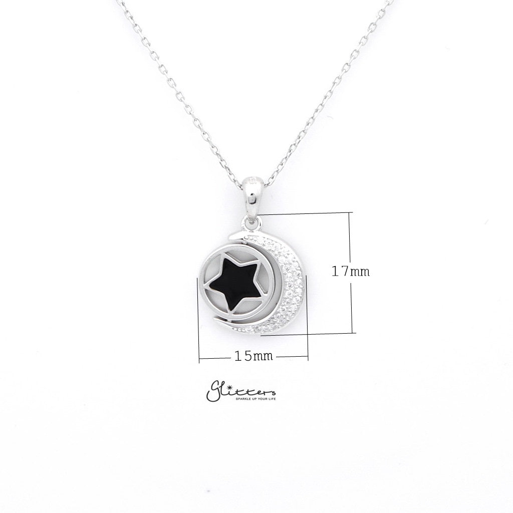 Sterling Silver CZ Paved Moon with Rotatable Double Sides Star in the Middle Women's Necklace-Cubic Zirconia, Jewellery, Necklaces, Sterling Silver Necklaces, Women's Jewellery, Women's Necklace-SSP0128_1000-05_New-Glitters