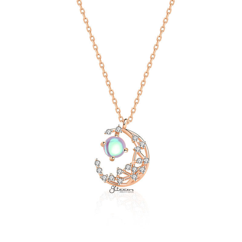 Sterling Silver C.Z Moon Necklace - Rose Gold-Cubic Zirconia, Jewellery, Necklaces, Sterling Silver Necklaces, Women's Jewellery, Women's Necklace-SSP0167-RG1-Glitters