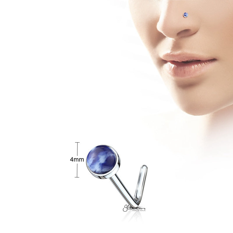 Sodalite Blue Stone Set L Bend Nose Stud Ring-Body Piercing Jewellery, L Bend, Nose Piercing Jewellery, Nose Studs-SemiPreciousStoneSetLBendNoseStudRing-Blue-2-Glitters