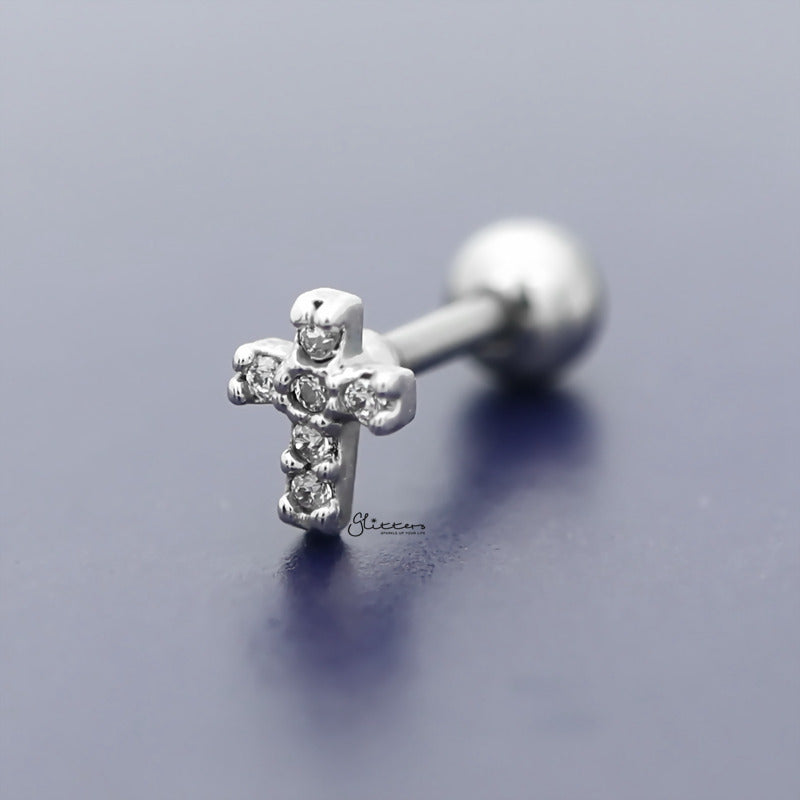 C.Z Paved Cross Tragus Cartilage Earring - Ball End | Flat Back-Body Piercing Jewellery, Cartilage, Cubic Zirconia, earrings, Flat back, Jewellery, Tragus, Women's Earrings, Women's Jewellery-TG0078-B-800-Glitters