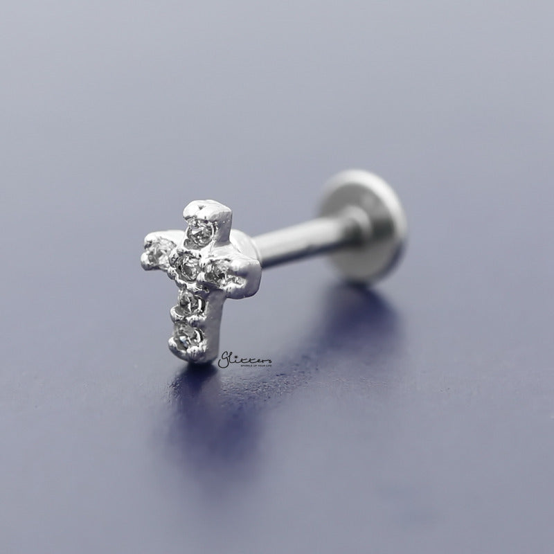 C.Z Paved Cross Tragus Cartilage Earring - Ball End | Flat Back-Body Piercing Jewellery, Cartilage, Cubic Zirconia, earrings, Flat back, Jewellery, Tragus, Women's Earrings, Women's Jewellery-TG0078-f-800-Glitters
