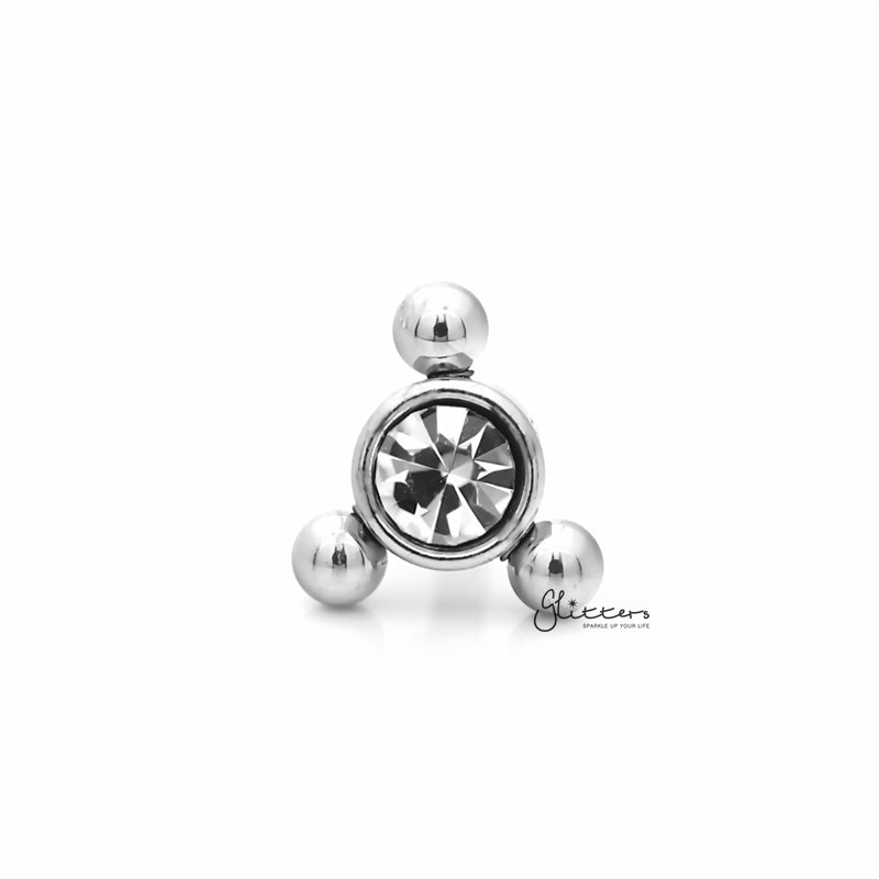 Clear Crystal with 3 Balls Triangle Top Tragus Cartilage Barbell Stud - Silver-Body Piercing Jewellery, Cartilage, Crystal, Jewellery, Tragus, Women's Earrings, Women's Jewellery-TG0126-S-1_800-Glitters