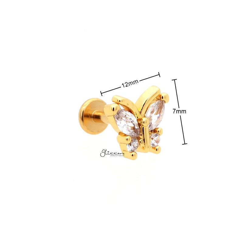 CZ Butterfly Top Flat Back Stud - Gold-Body Piercing Jewellery, Cartilage, Cubic Zirconia, Jewellery, Labret, Tragus, Women's Earrings, Women's Jewellery-TG0140-G3_New-Glitters