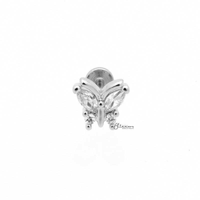 CZ Butterfly Top Flat Back Stud - Silver-Body Piercing Jewellery, Cartilage, Cubic Zirconia, Jewellery, Labret, Tragus, Women's Earrings, Women's Jewellery-TG0140-S1-Glitters